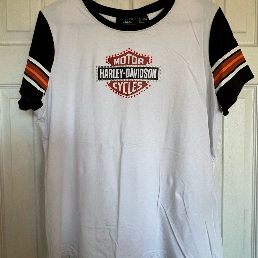 Harley-Davidson White Tee with Black and Orange Stripes